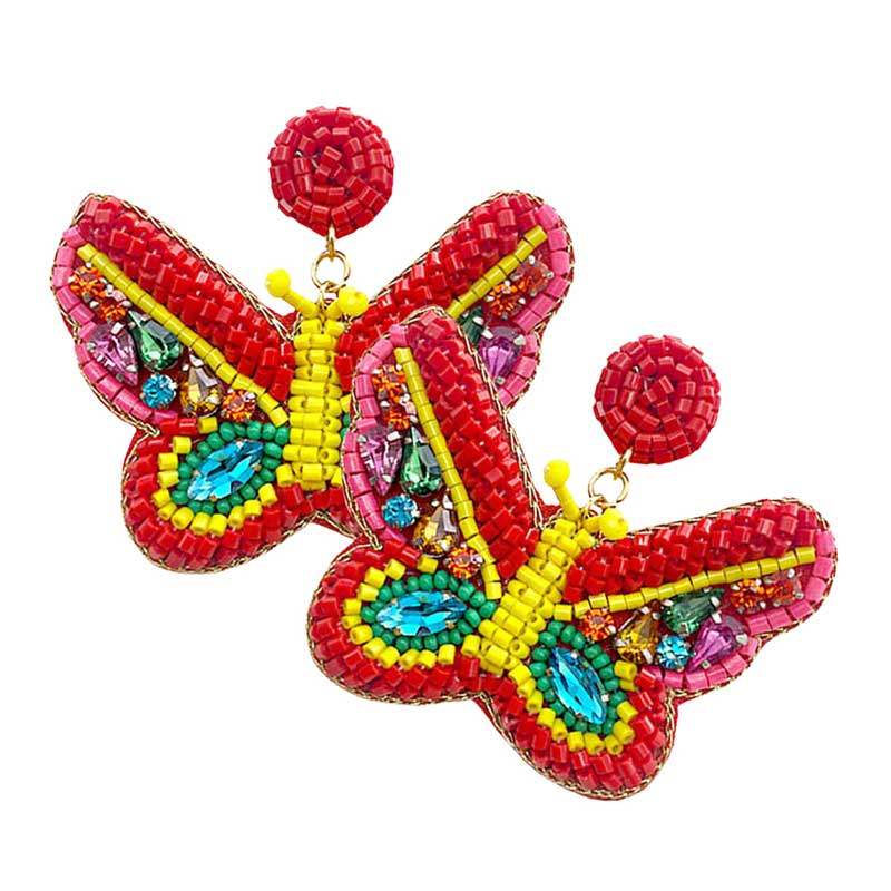 Felt Back Multi Stone Beaded Butterfly Dangle Earrings - Madeline Love - Flyclothing LLC