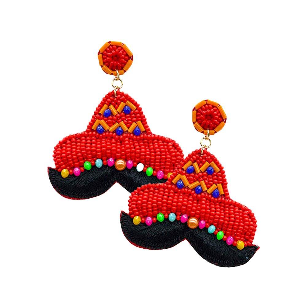 Felt Back Seed Beaded Hat Mustache Dangle Earrings - Madeline Love - Flyclothing LLC