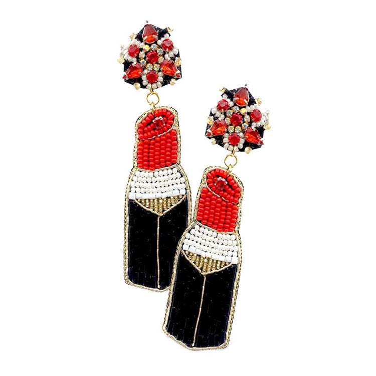 Felt Back Seed Beaded Lipstick Dangle Earrings - Madeline Love - Flyclothing LLC