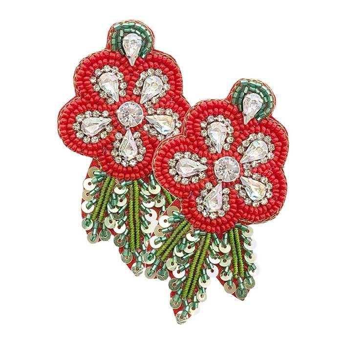 Felt Back Sequin Stone Seed Beaded Flower Leaf Earrings - Madeline Love - Flyclothing LLC