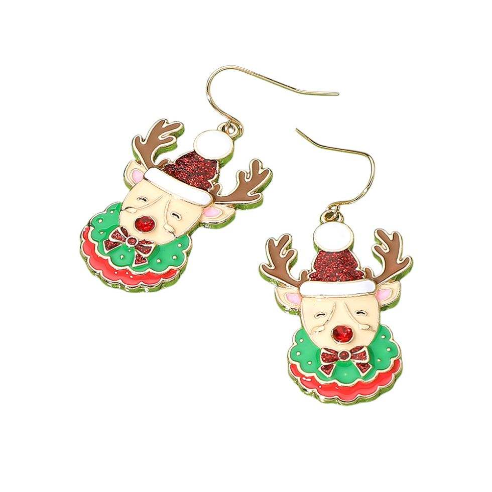 Glittered Enamel Christmas Reindeer Dangle Earrings - Madeline Love - Flyclothing LLC