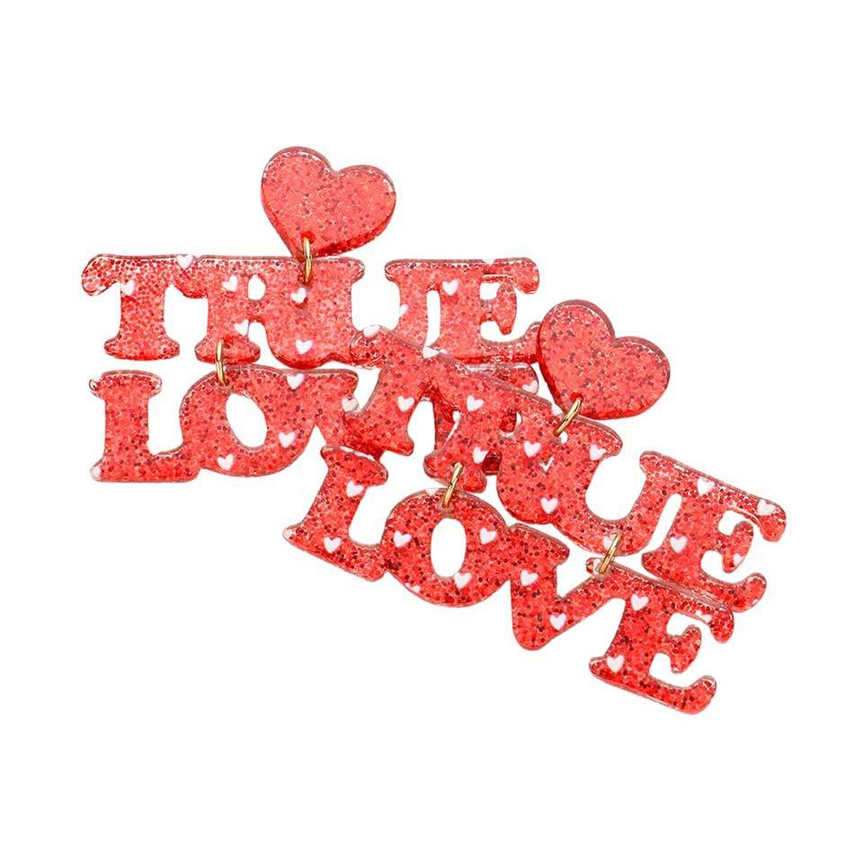 Glittered Heart TRUE LOVE Message Link Dangle Earrings - Madeline Love - Flyclothing LLC