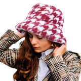 Houndstooth Patterned Faux Fur Bucket Hat - Madeline Love - Flyclothing LLC