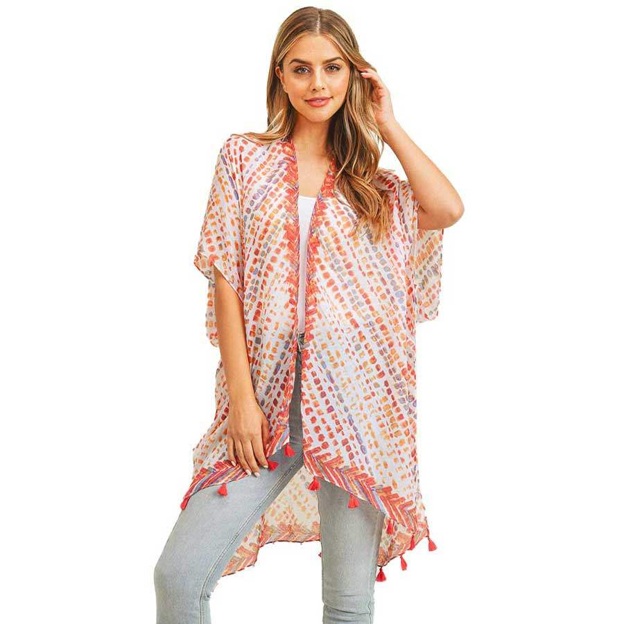 Multi Dash Pattern Tassel Cover Up Kimono Poncho - Madeline Love - Flyclothing LLC