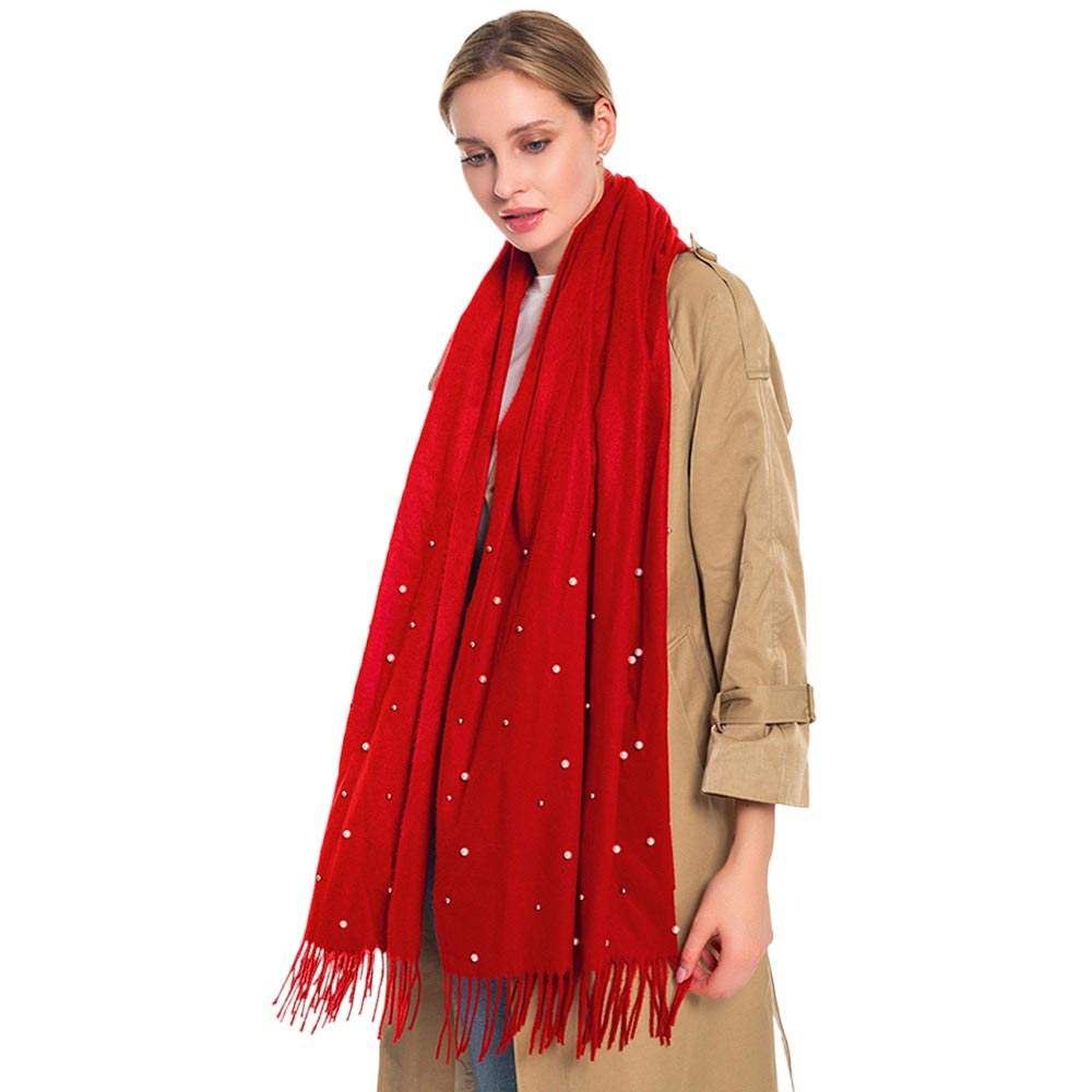 Pearl Embellished Solid Oblong Scarf - Madeline Love - Flyclothing LLC