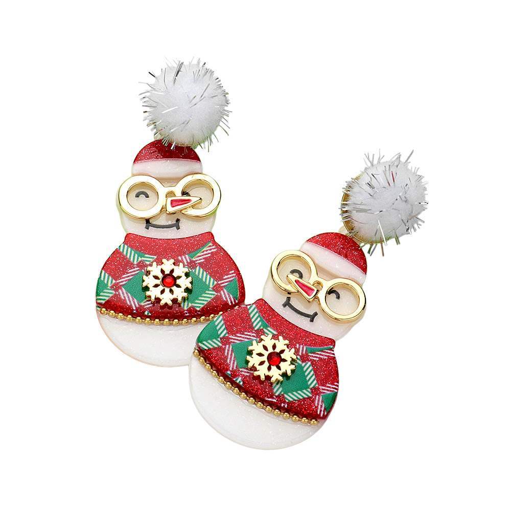 Pom Pom Resin Christmas Snowman Dangle Earrings - Madeline Love - Flyclothing LLC