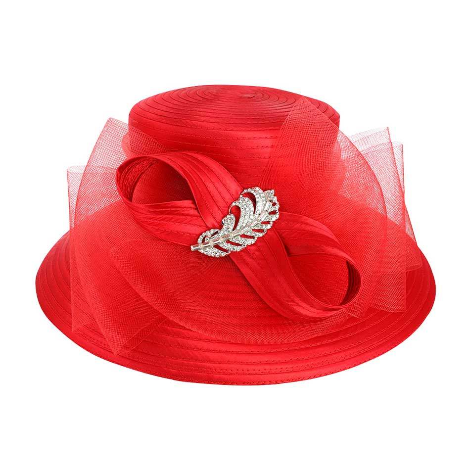 Rhinestone Embellished Feather Accented Mesh Bow Dressy Hat - Madeline Love - Flyclothing LLC