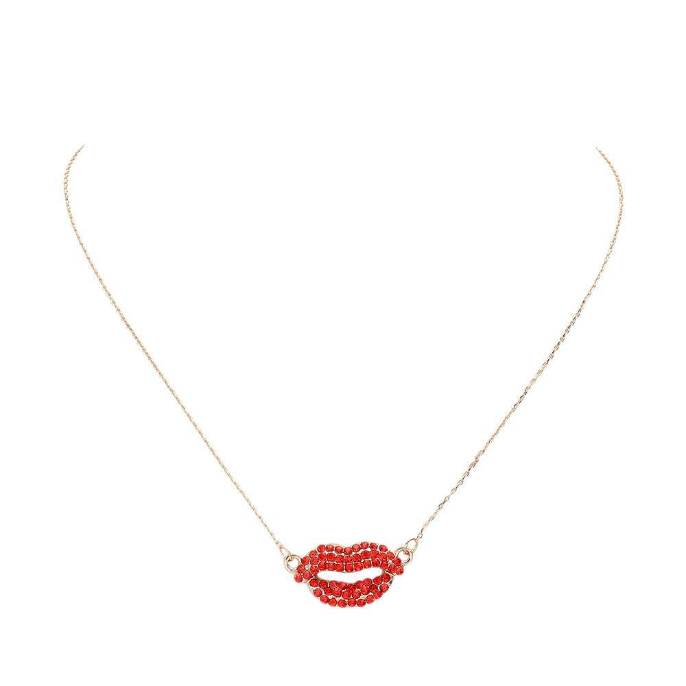 Rhinestone Embellished Lips Pendant Necklace - Madeline Love - Flyclothing LLC