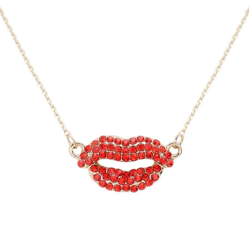 Rhinestone Embellished Lips Pendant Necklace - Madeline Love - Flyclothing LLC