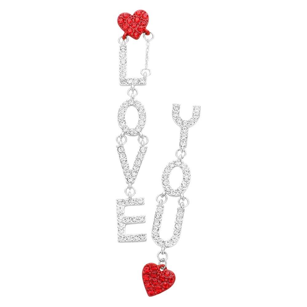 LOVE YOU Rhinestone Embellished Heart Message Mismatched Dangle Earrings - Madeline Love - Flyclothing LLC