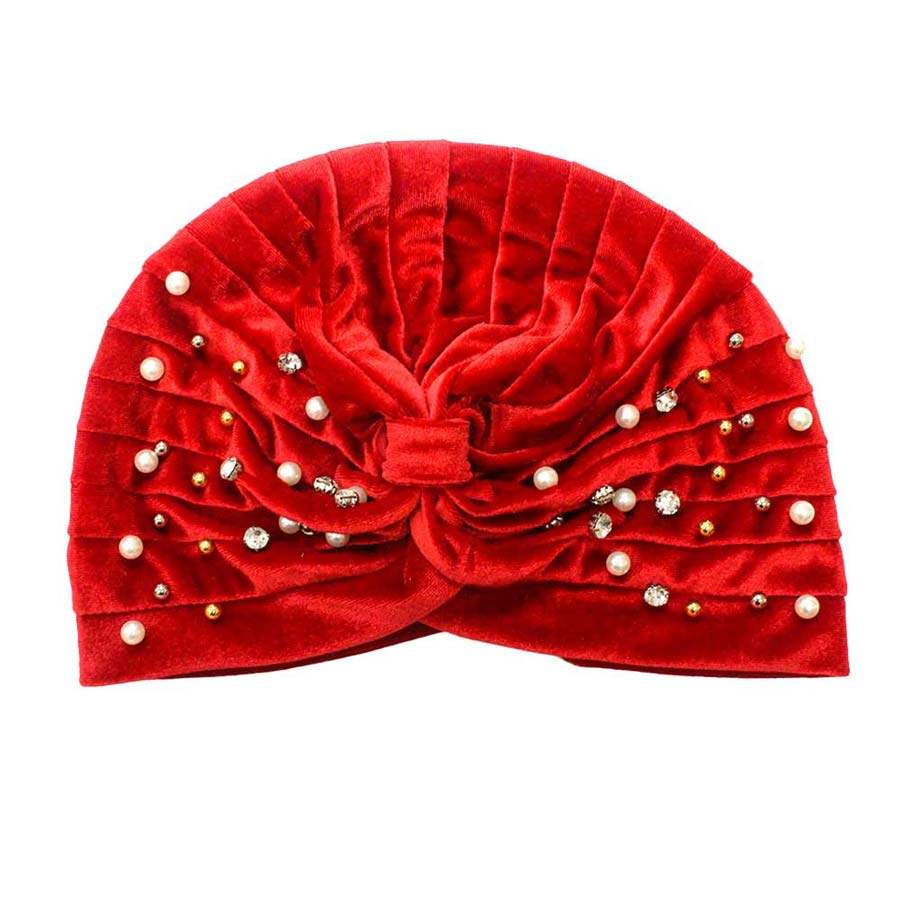 Stone Pearl Detailed Pleated Turban Beanie Hat - Madeline Love - Flyclothing LLC