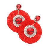 Teardrop Round Stone Accented Tassel Fringe Dangle Earrings - Madeline Love - Flyclothing LLC