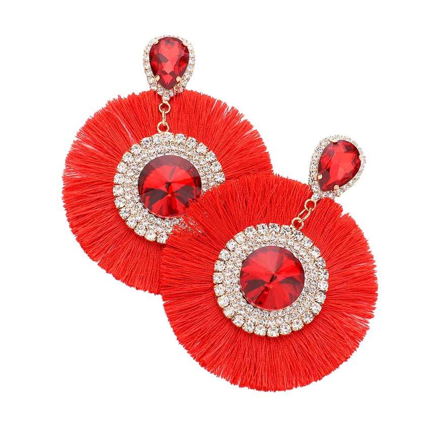 Teardrop Round Stone Accented Tassel Fringe Dangle Earrings - Madeline Love - Flyclothing LLC