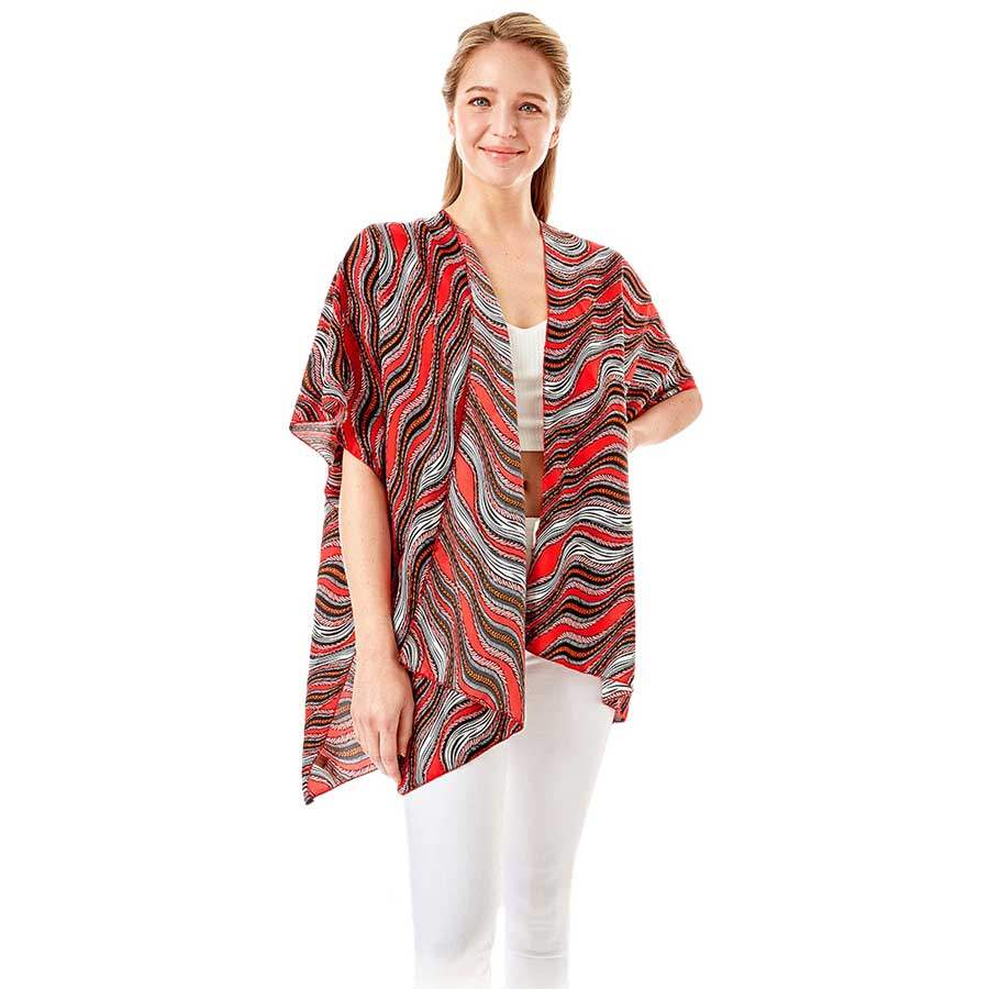 Wavy Printed Lurex Cover Up Poncho Kimono Poncho - Madeline Love - Flyclothing LLC