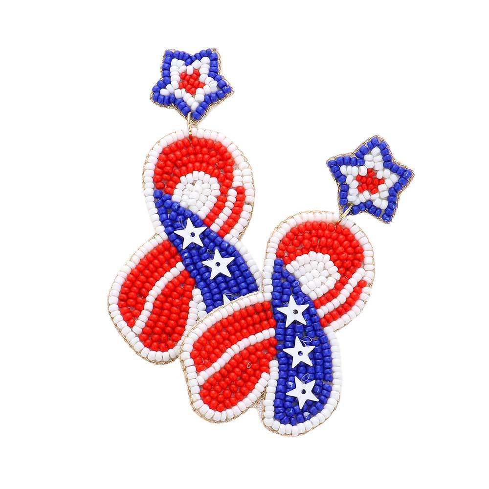 Felt Back USA Flag Seed Beaded Star Pink Ribbon Earrings - Madeline Love - Flyclothing LLC