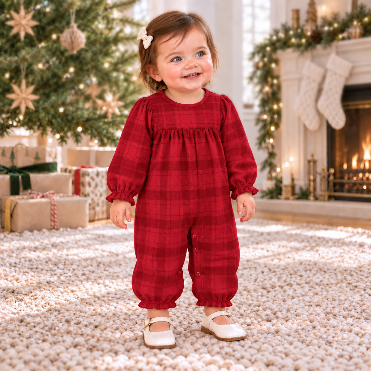 Red Plaid Baby Girl Romper With Ruffles & Puff Sleeves - Tesa Babe - Flyclothing LLC