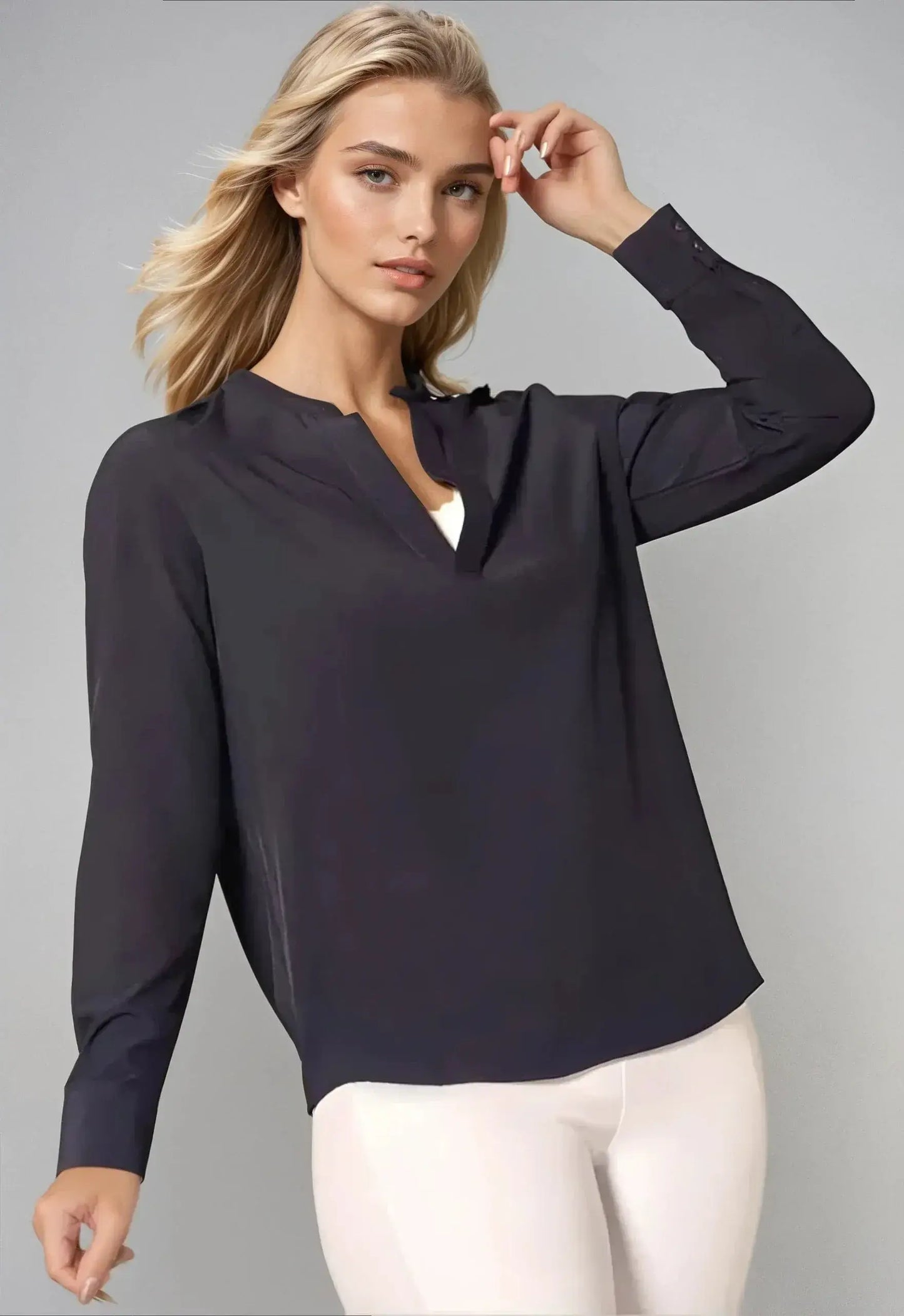 Resort Vee Long Sleeve Popover Shirt - Navy - Buki - Flyclothing LLC