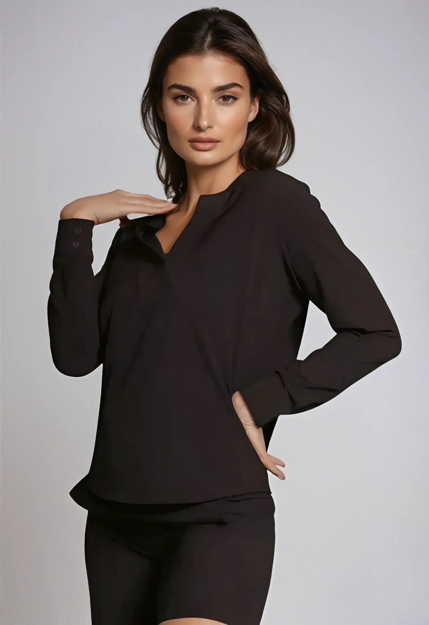 Resort Vee Long Sleeve Popover Shirt - Black - Buki - Flyclothing LLC