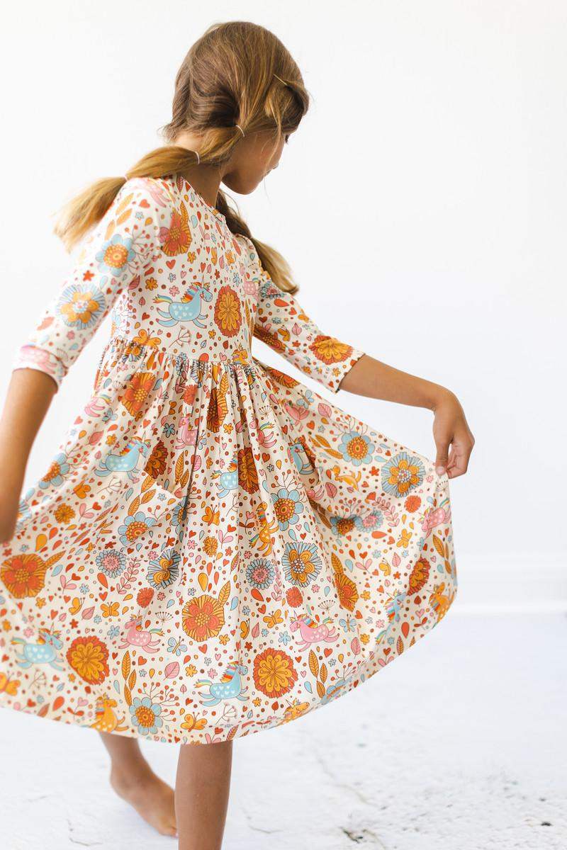 Retro Unicorns 3/4 Sleeve Pocket Twirl Dress - Mila & Rose ® - Flyclothing LLC