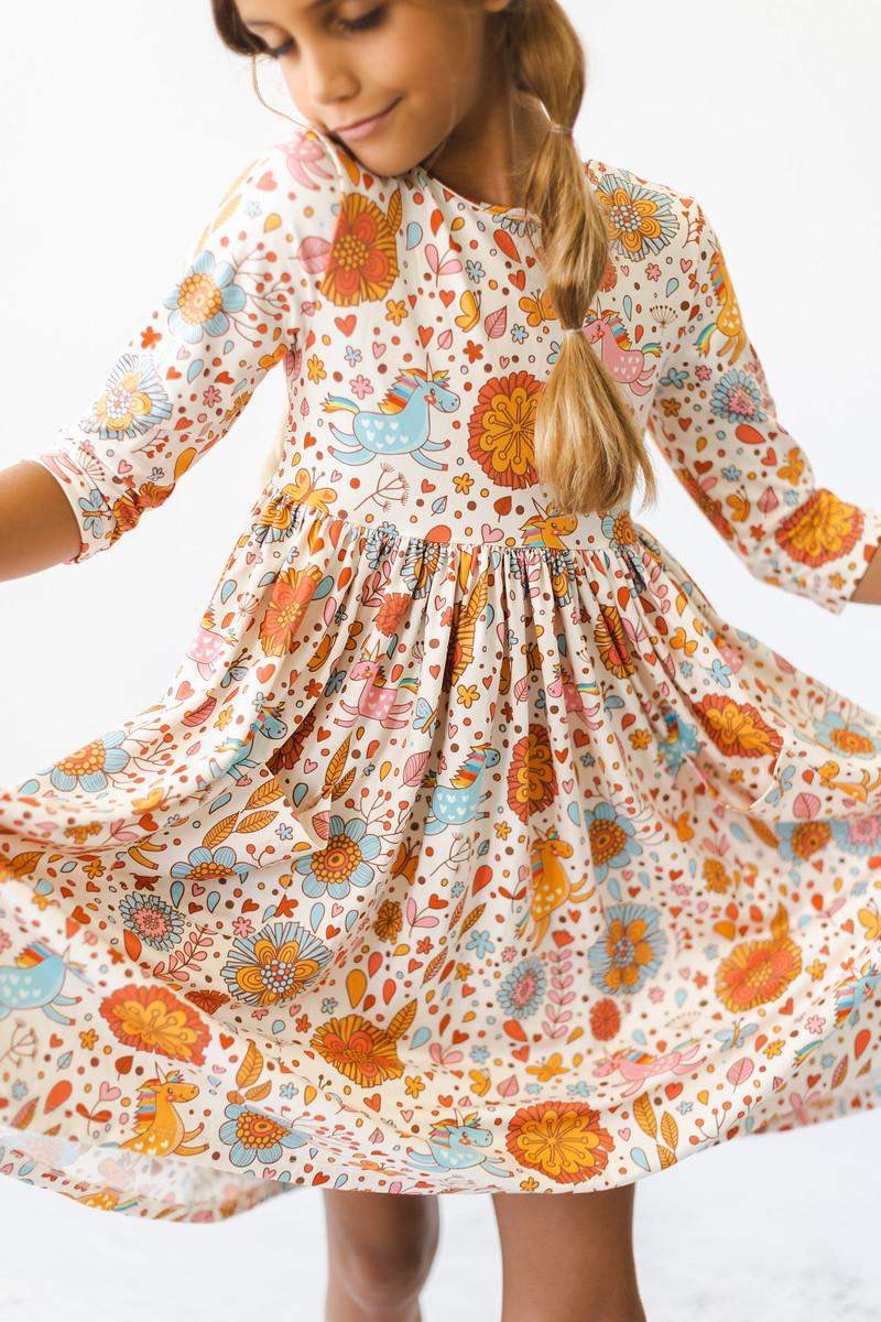 Retro Unicorns 3/4 Sleeve Pocket Twirl Dress - Mila & Rose ® - Flyclothing LLC