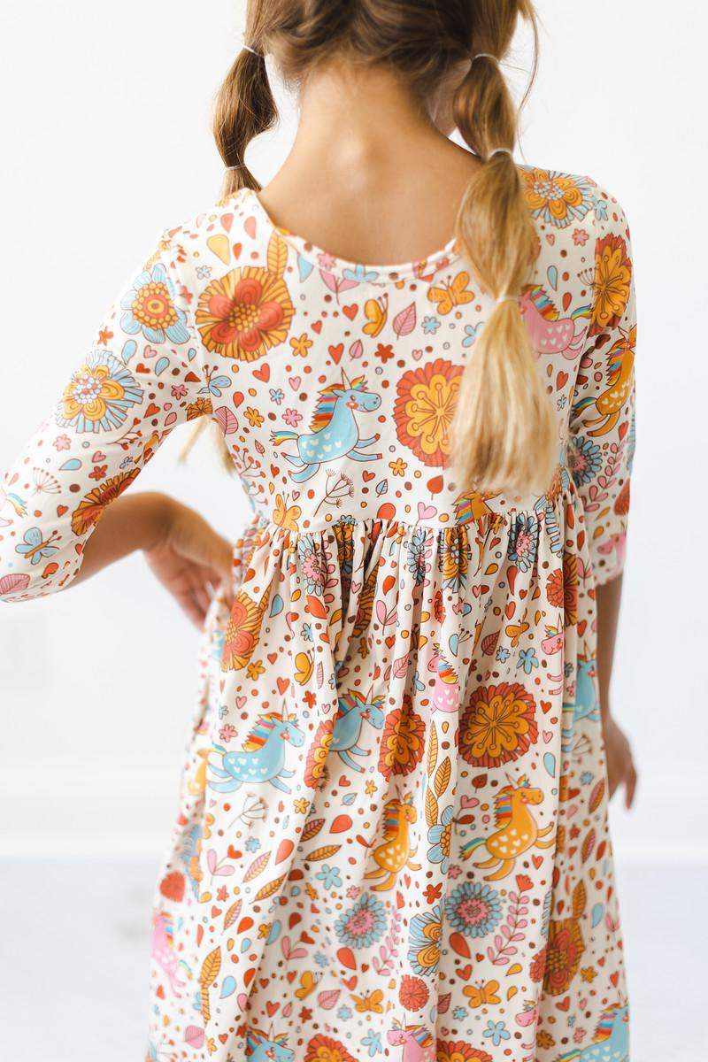 Retro Unicorns 3/4 Sleeve Pocket Twirl Dress - Mila & Rose ® - Flyclothing LLC