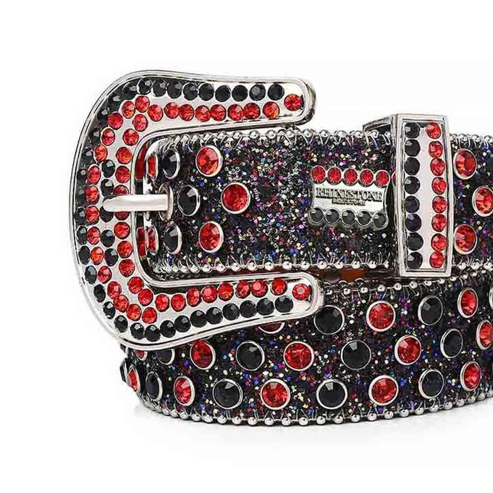 Black Shiny Strap With Bling Red & Black Rhinestone Belt - Rhinestone Belt Store - Flyclothing LLC