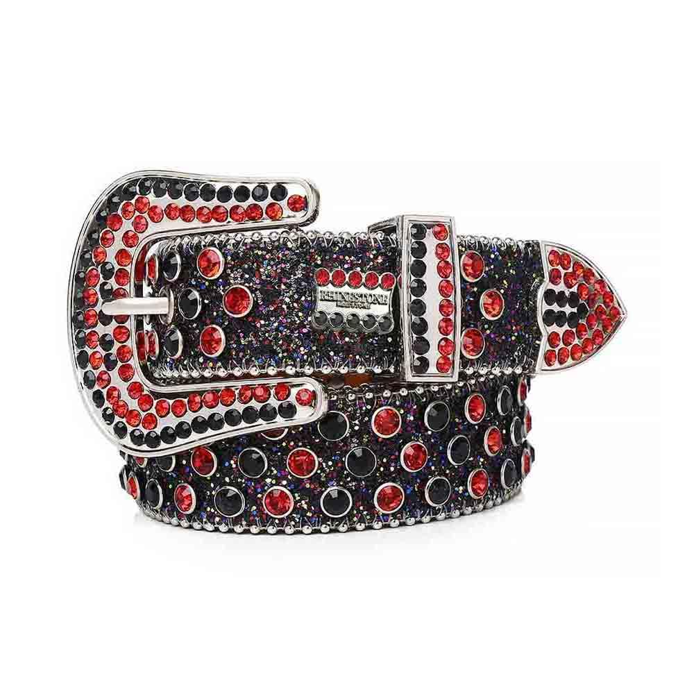 Black Shiny Strap With Bling Red & Black Rhinestone Belt - Rhinestone Belt Store - Flyclothing LLC