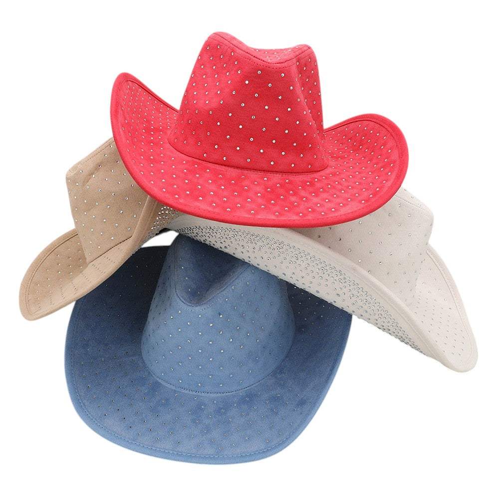 Rhinestone Embellished Faux Suede Western Cowboy Fedora Hat - Madeline Love - Flyclothing LLC