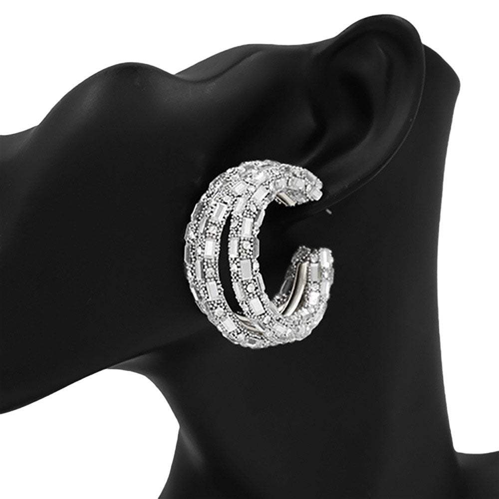Bling Rectangle Stone Split Hoop Earrings - Madeline Love - Flyclothing LLC