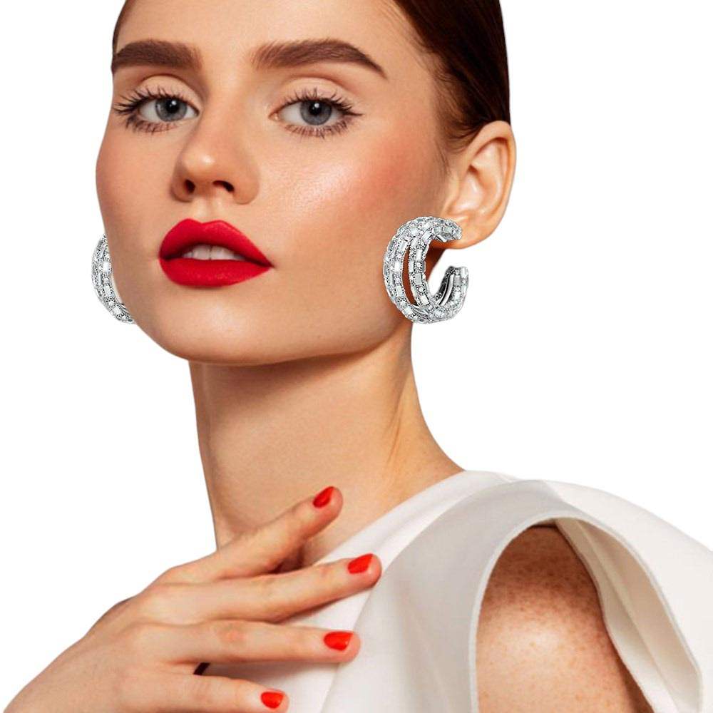 Bling Rectangle Stone Split Hoop Earrings - Madeline Love - Flyclothing LLC