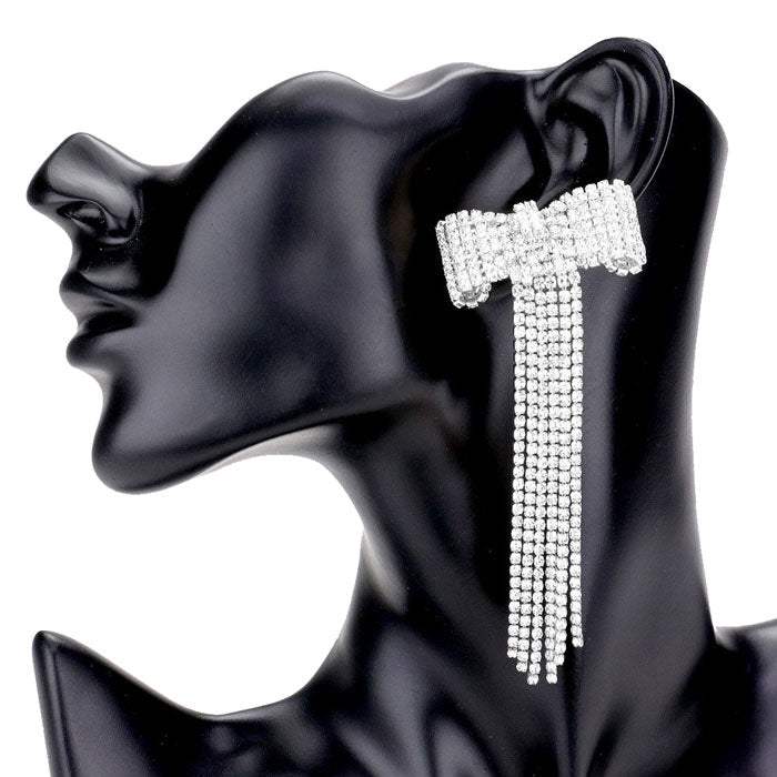 Bow Accented Rhinestone Long Drop Evening Earrings - Madeline Love - Flyclothing LLC