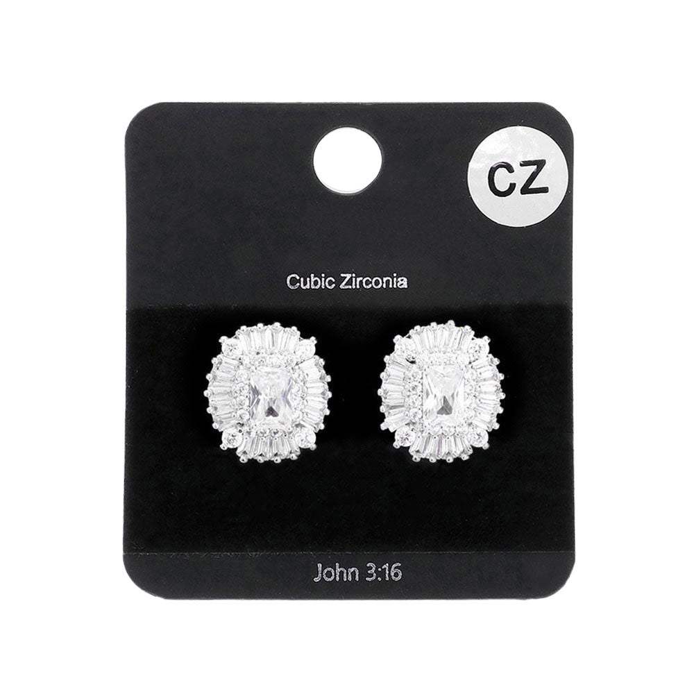 CZ Emerald Cut Stone Centered Evening Stud Earrings - Madeline Love - Flyclothing LLC