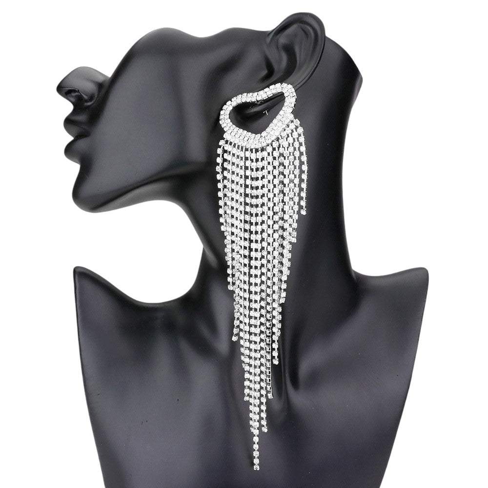 Open Heart Accented Rhinestone Fringe Dangle Evening Earrings - Madeline Love - Flyclothing LLC