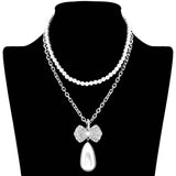 Pearl Chain Rhinestone Pave Ribbon Dangle Pendant Necklace - Madeline Love - Flyclothing LLC