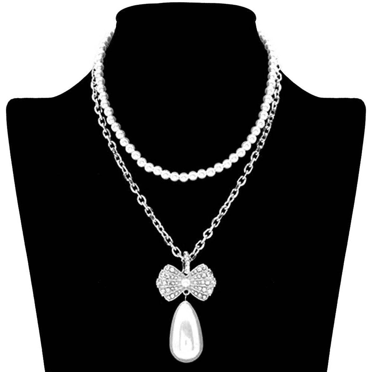 Pearl Chain Rhinestone Pave Ribbon Dangle Pendant Necklace - Madeline Love - Flyclothing LLC