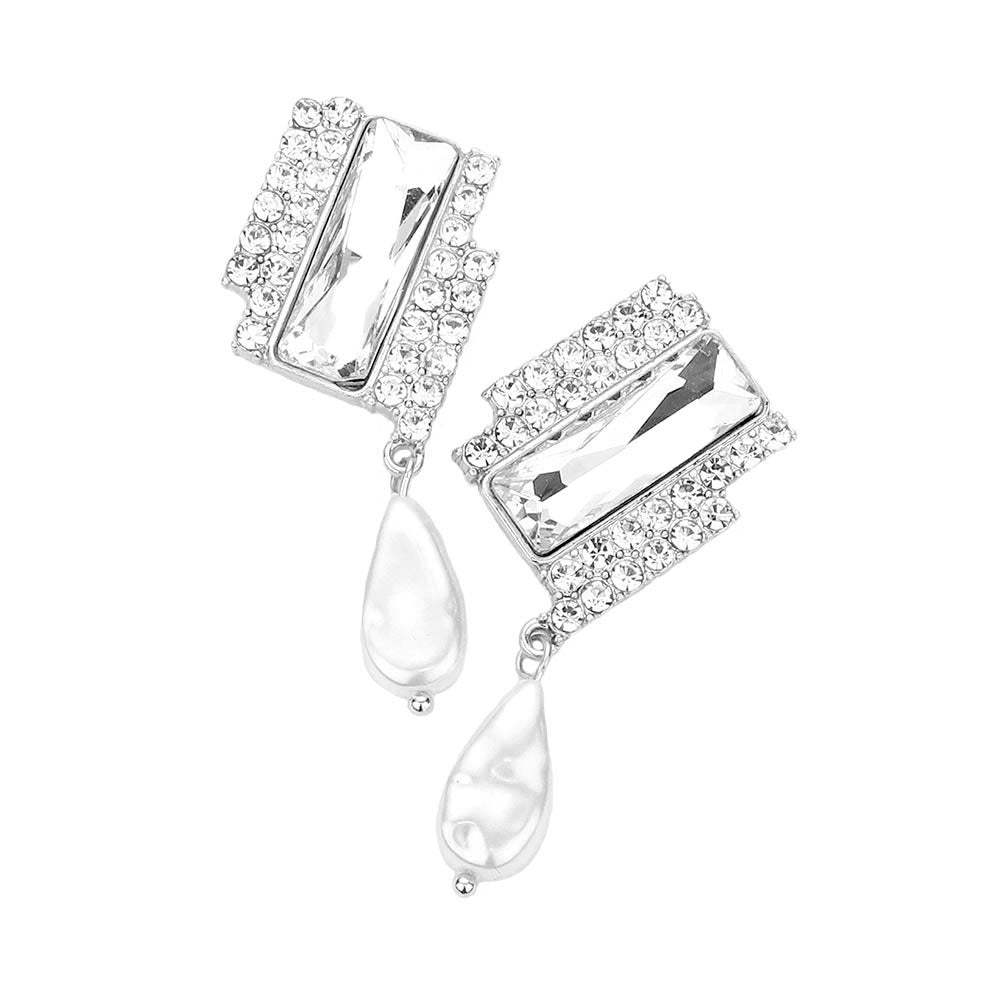 Rectangle Stone Freshwater Pearl Dangle Evening Earrings - Madeline Love - Flyclothing LLC