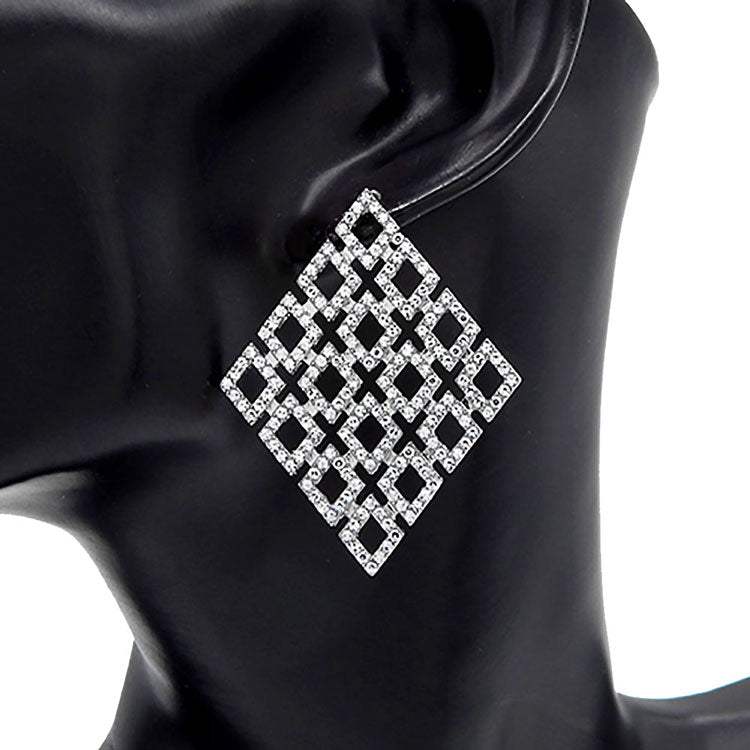 Rhinestone Embellished Diamond Shaped Metal Hoop Earrings - Madeline Love - Flyclothing LLC