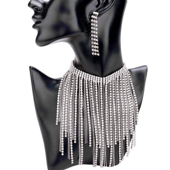 Rhinestone Fringe Bib Choker Necklace - Madeline Love - Flyclothing LLC
