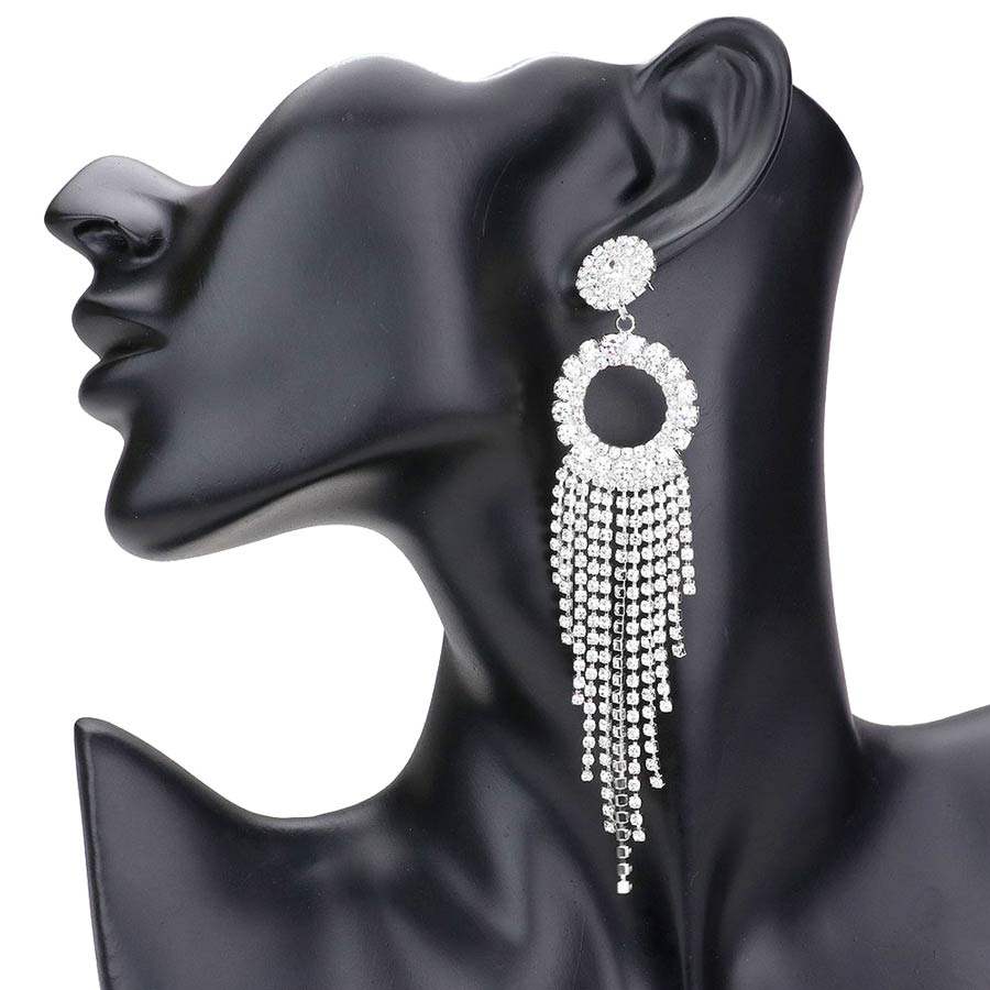 Rhinestone Pave Open Circle Fringe Evening Earrings - Madeline Love - Flyclothing LLC