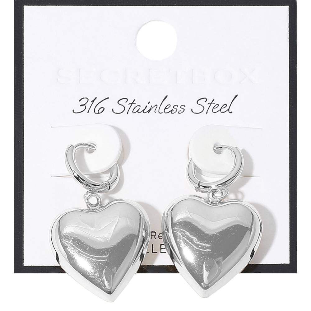 SECRET BOX Stainless Steel Heart Dangle Huggie Hoop Earrings - Madeline Love - Flyclothing LLC