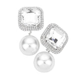 Square Stone Pearl Link Dangle Evening Clip on Earrings - Madeline Love - Flyclothing LLC