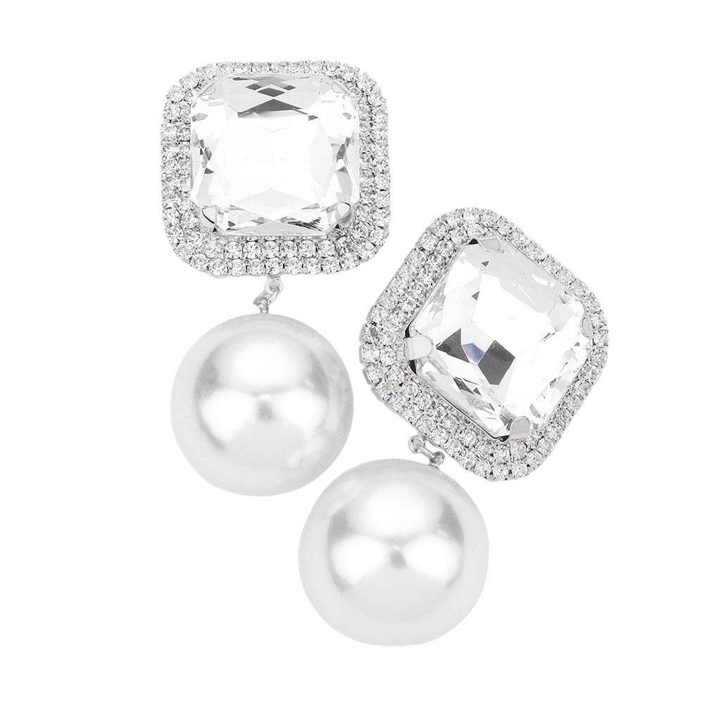 Square Stone Pearl Link Dangle Evening Clip on Earrings - Madeline Love - Flyclothing LLC