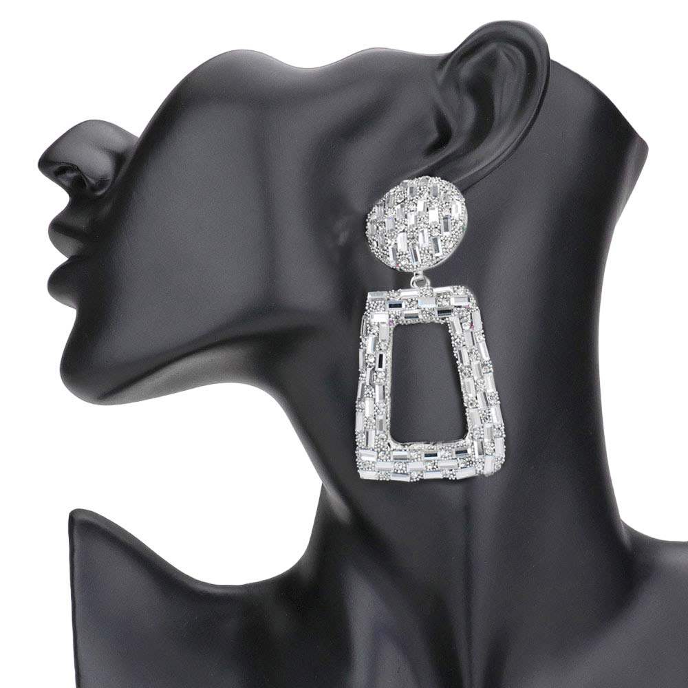 Stone Embellished Chunky Open Rectangle Evening Earrings - Madeline Love - Flyclothing LLC