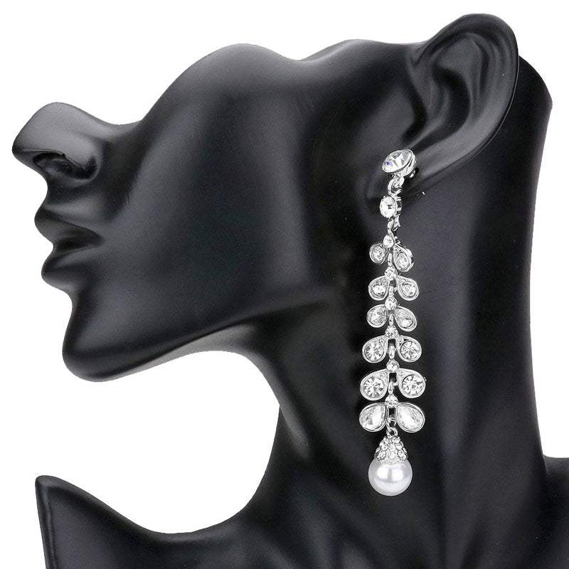 Stone Embellished Leaf Pearl Link Dangle Evening Earrings - Madeline Love - Flyclothing LLC