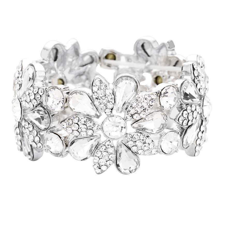 Teardrop Stone Accented Flower Stretch Evening Bracelet - Madeline Love - Flyclothing LLC