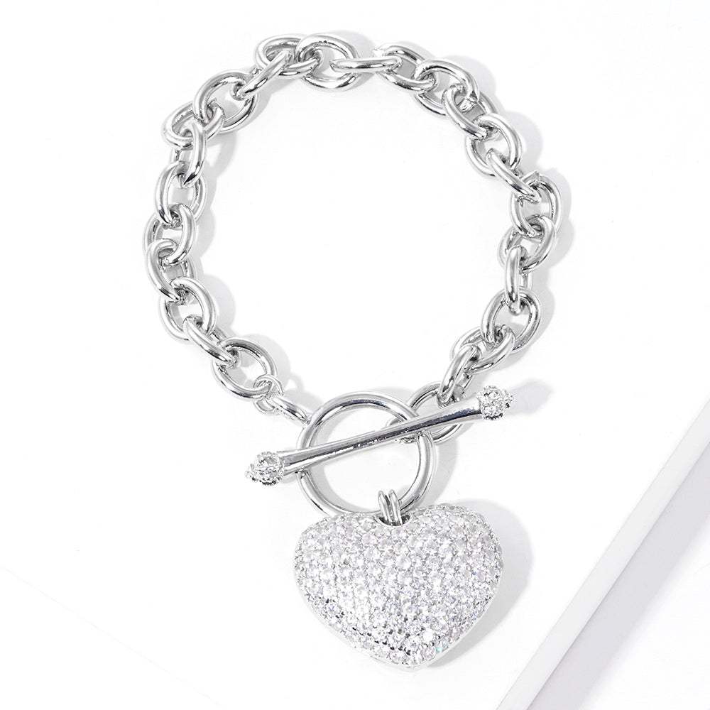 White Gold Dipped CZ Pave Heart Charm Toggle Bracelet - Madeline Love - Flyclothing LLC
