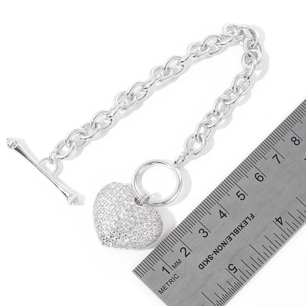 White Gold Dipped CZ Pave Heart Charm Toggle Bracelet - Madeline Love - Flyclothing LLC