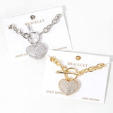 White Gold Dipped CZ Pave Heart Charm Toggle Bracelet - Madeline Love - Flyclothing LLC