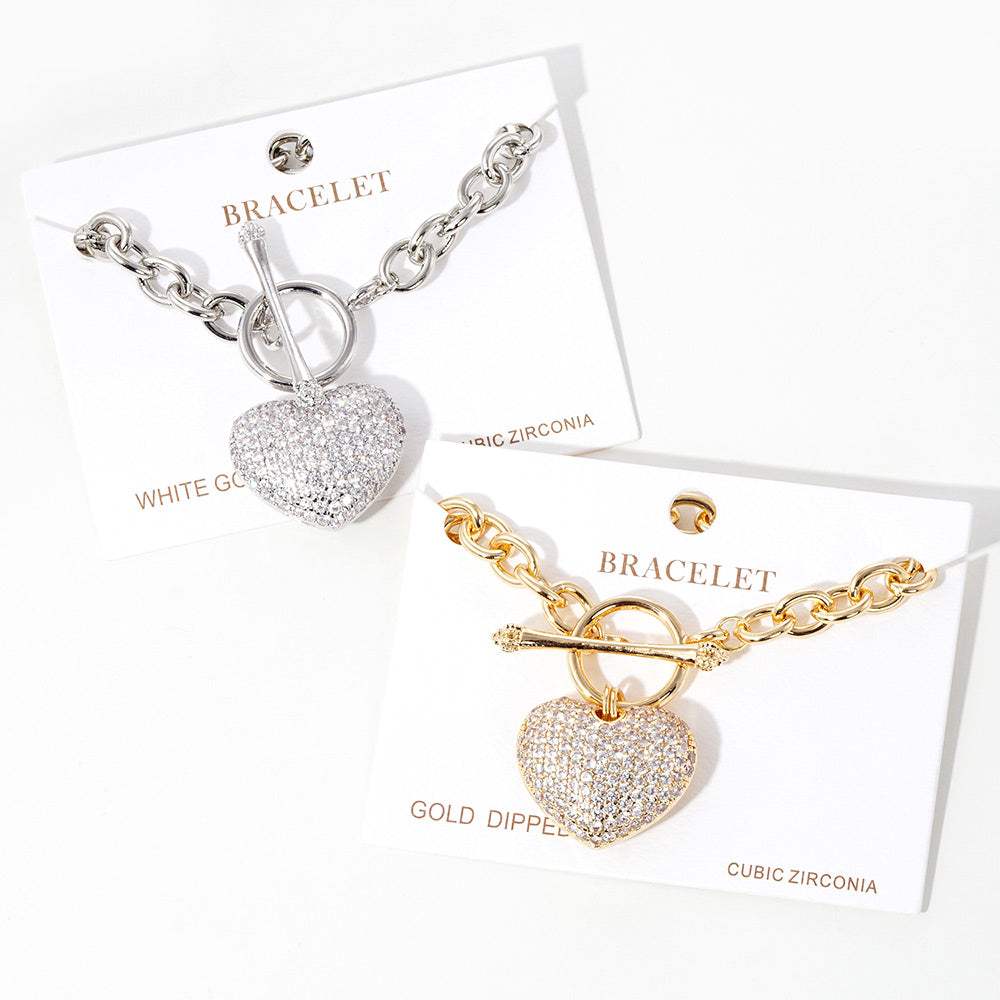 White Gold Dipped CZ Pave Heart Charm Toggle Bracelet - Madeline Love - Flyclothing LLC