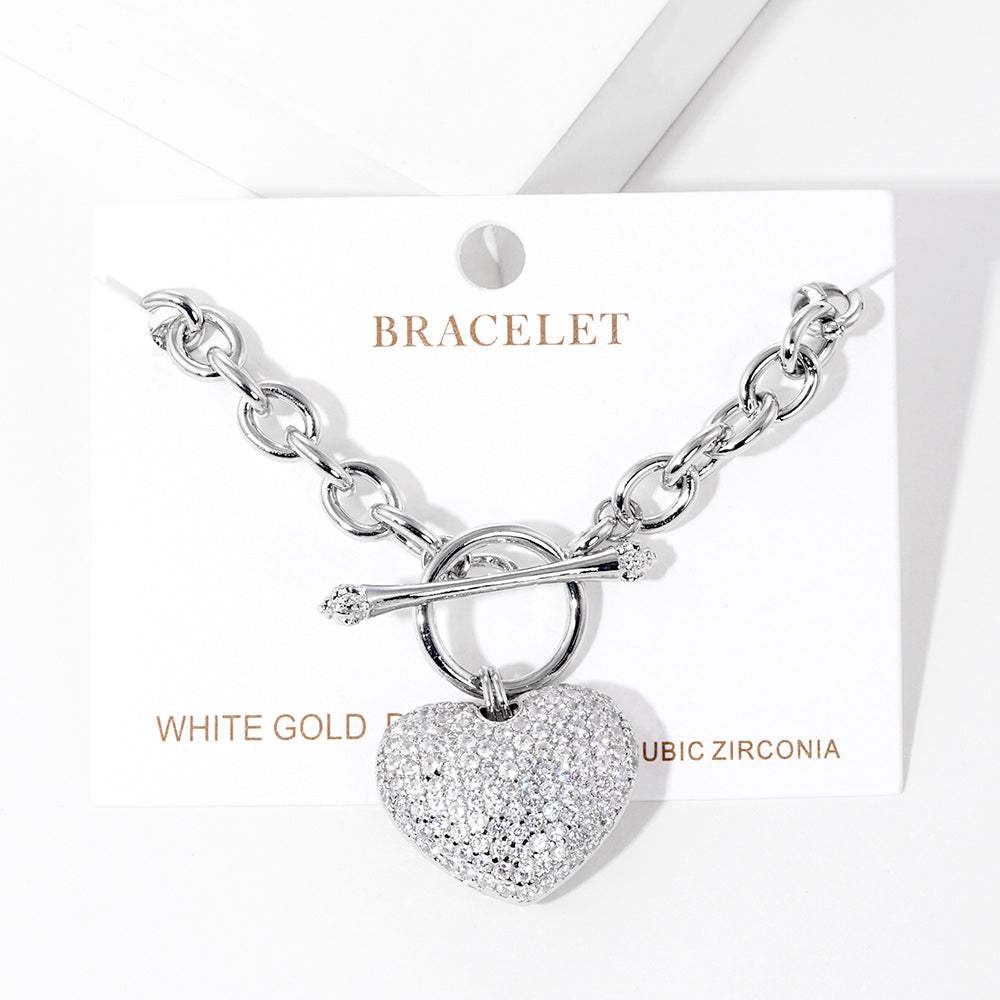 White Gold Dipped CZ Pave Heart Charm Toggle Bracelet - Madeline Love - Flyclothing LLC